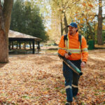 Employee with leaf blower walking through forest